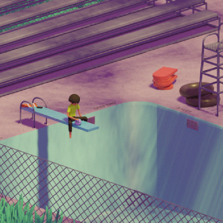 Animated person sitting on diving board above empty pool.